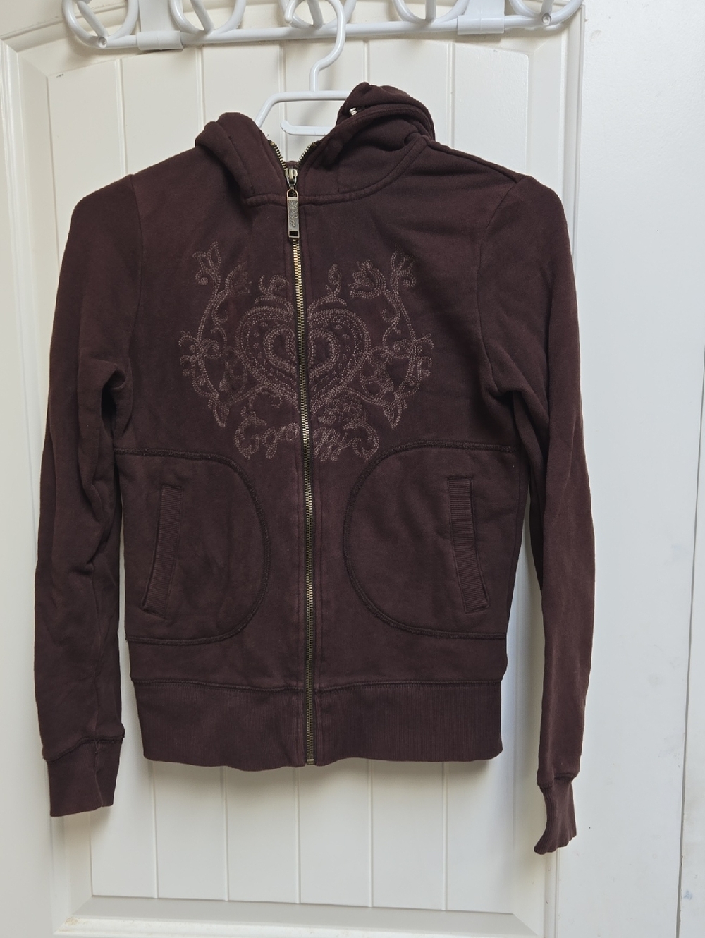 Groggy 100% Cotton Brown Zip-Up Hoodie with Embroidered Heart Motif XS